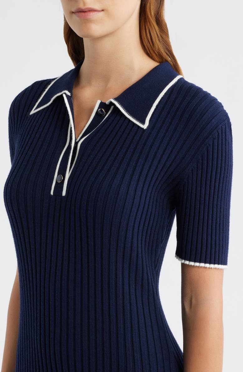 ZOE AND CLAIRE Collared Ribbed Knit Midi Dress, Alternate, color, Navy/ White