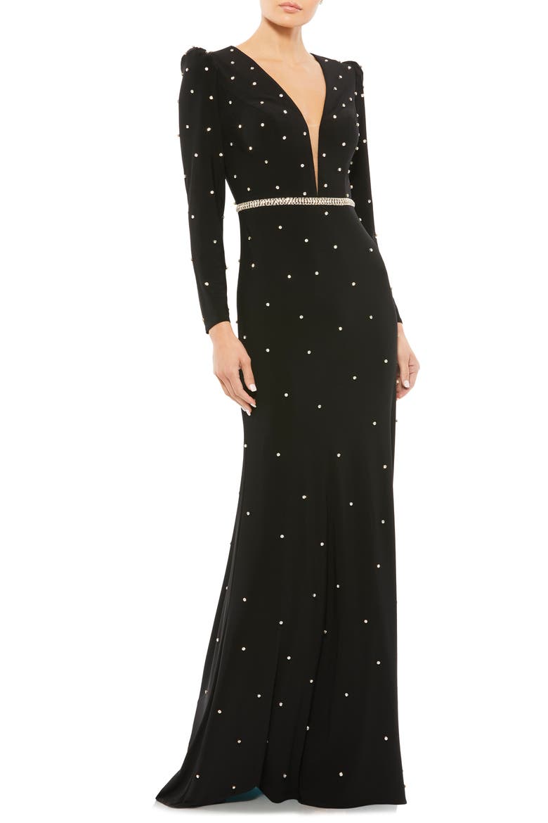 Crystal Detail Long Sleeve Column Gown, Main, color, BLACK SILVER