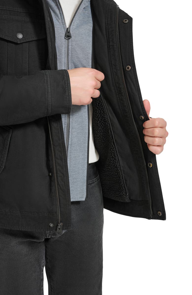 Levi's<sup>®</sup> Washed Cotton Faux Shearling Lined Hooded Military Jacket, Alternate, color, Black