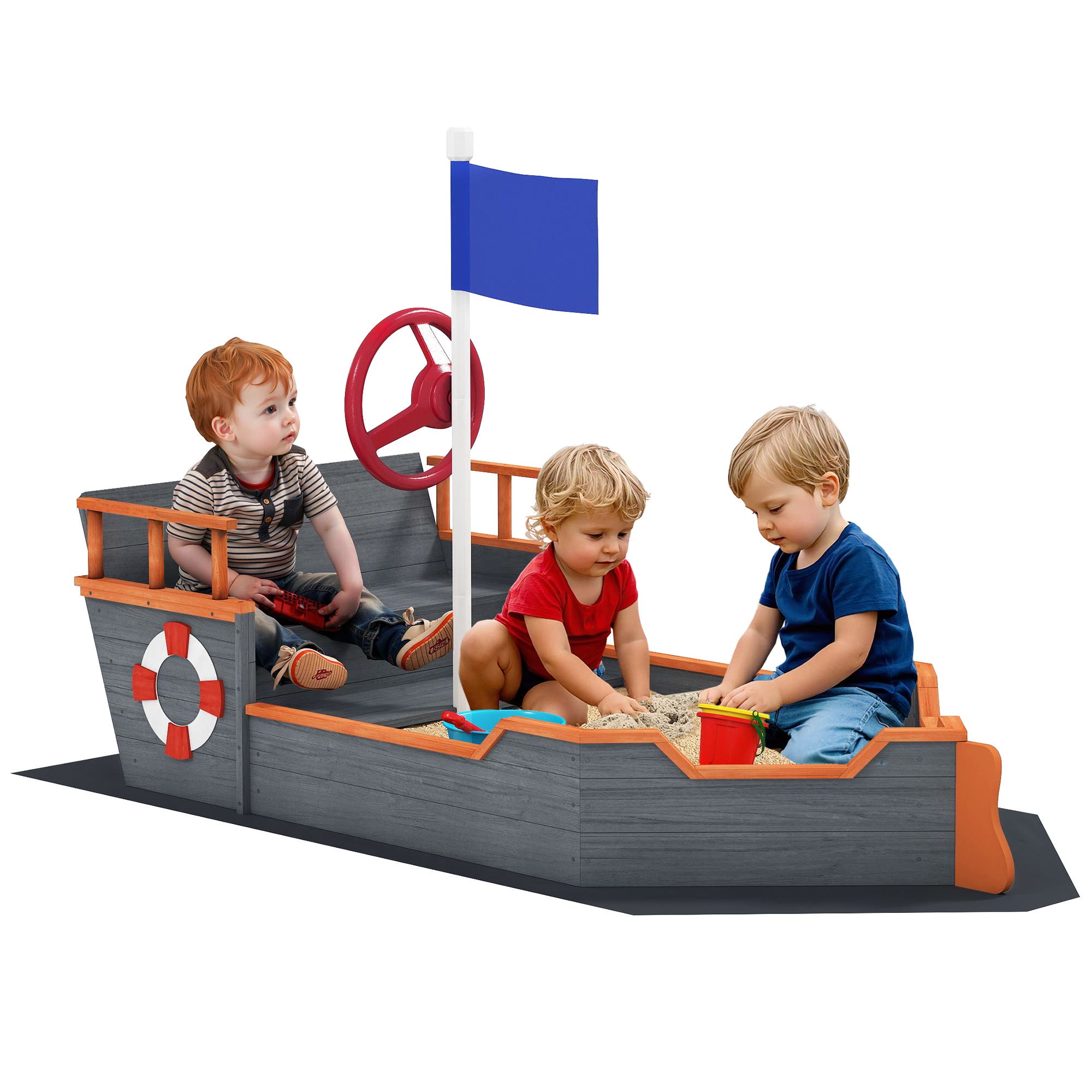 Outsunny Wooden Kids Pirate Sandbox with Bench Seats & Storage in Dark Gray 