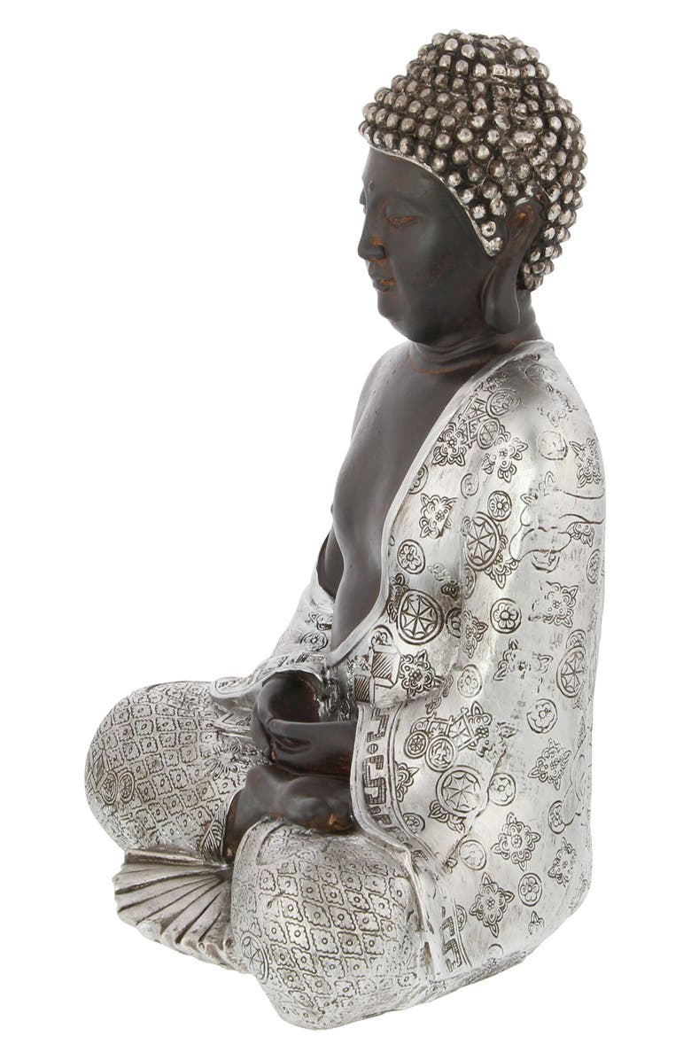 UMA Silvertone Polystone Bohemian Buddha Sculpture with Engraved Carvings and Relief Detailing, Alternate, color,