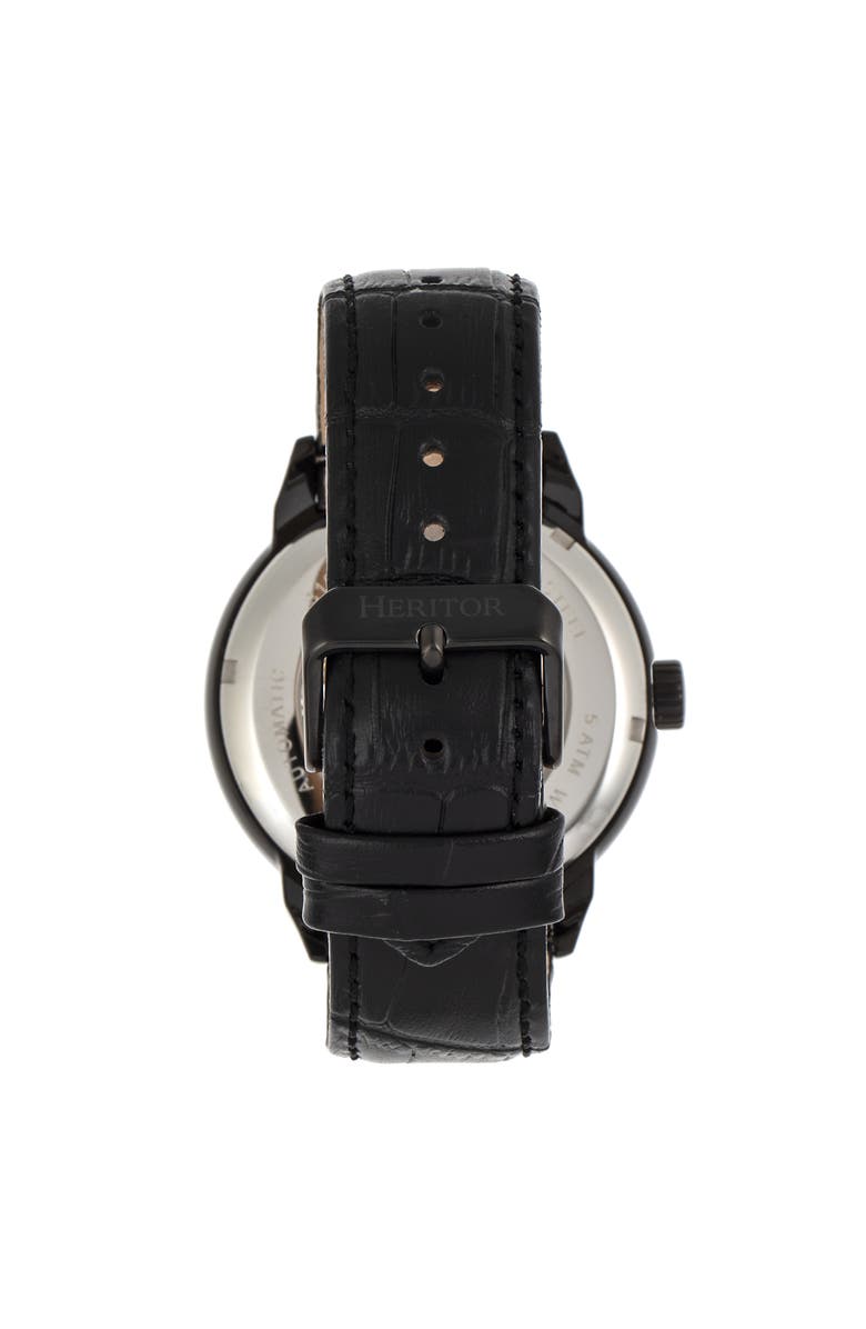 Heritor Automatic Sanford Semi-Skeleton Leather-Band Watch, Alternate, color, Black