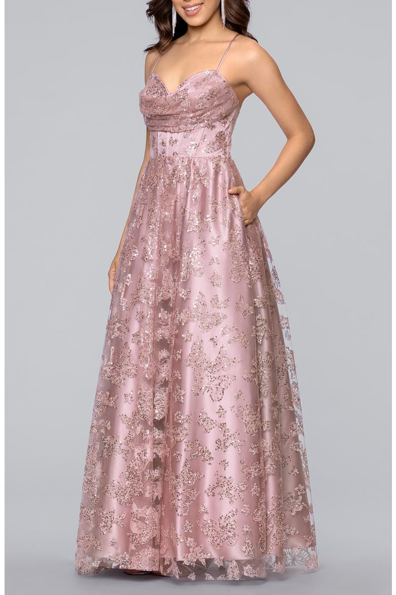 Butterfly Motif Sequin Ballgown, Alternate, color, ROSE