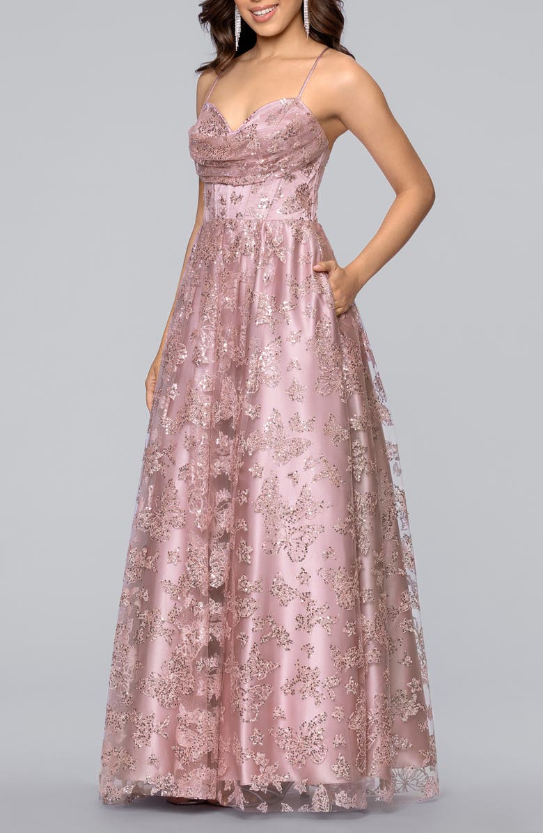 Blondie Nites Butterfly Motif Sequin Ballgown, Alternate, color, Rose