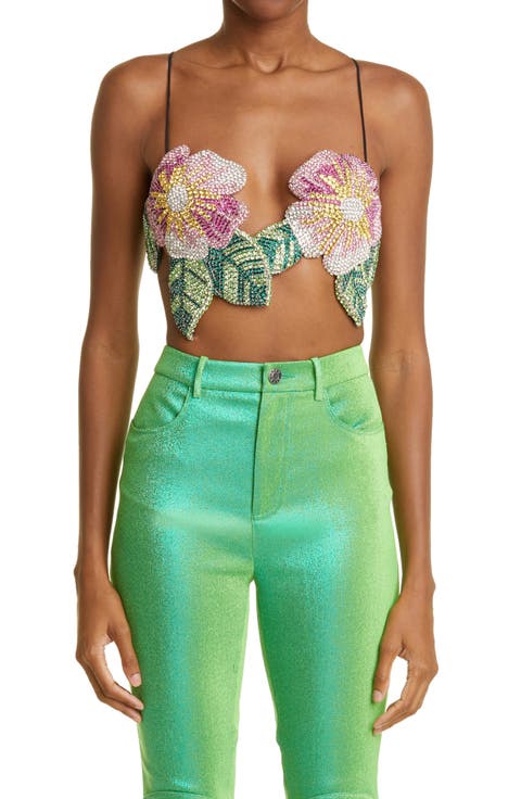 Embroidered Crystal Flower Crop Top
