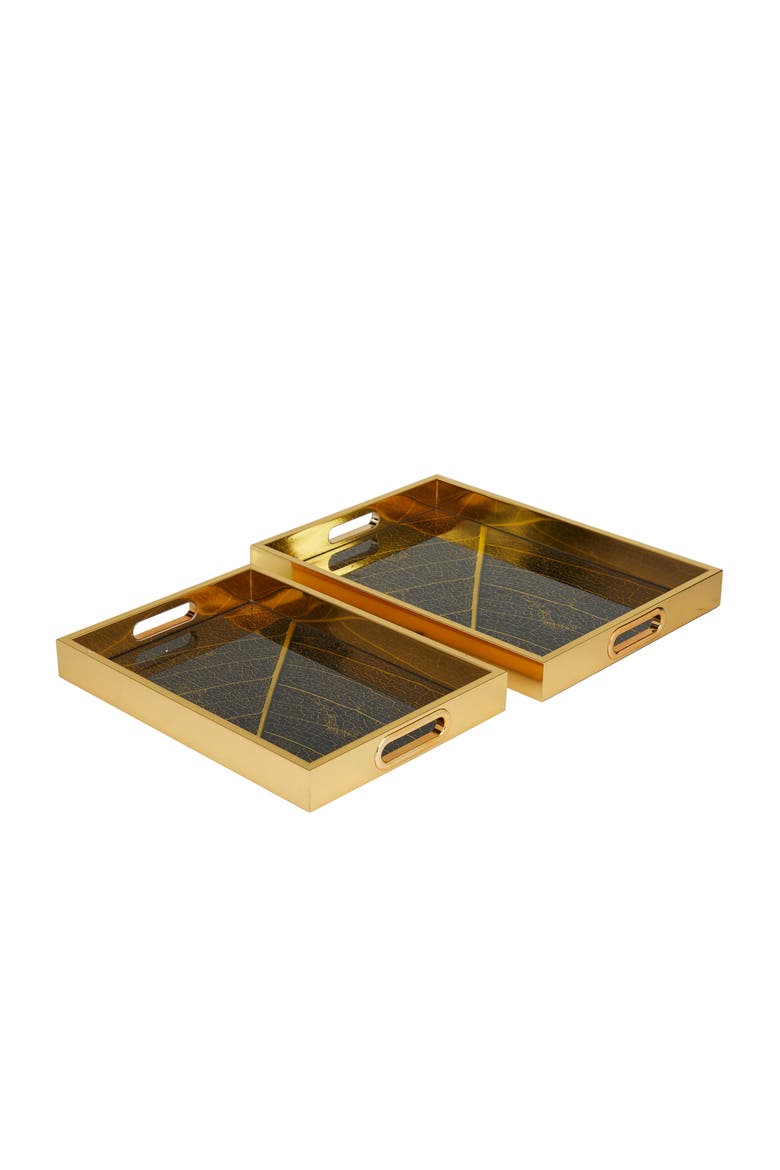 Gold Plastic Geometric Tray with Black Glass - Set of 2, Alternate, color, GOLD