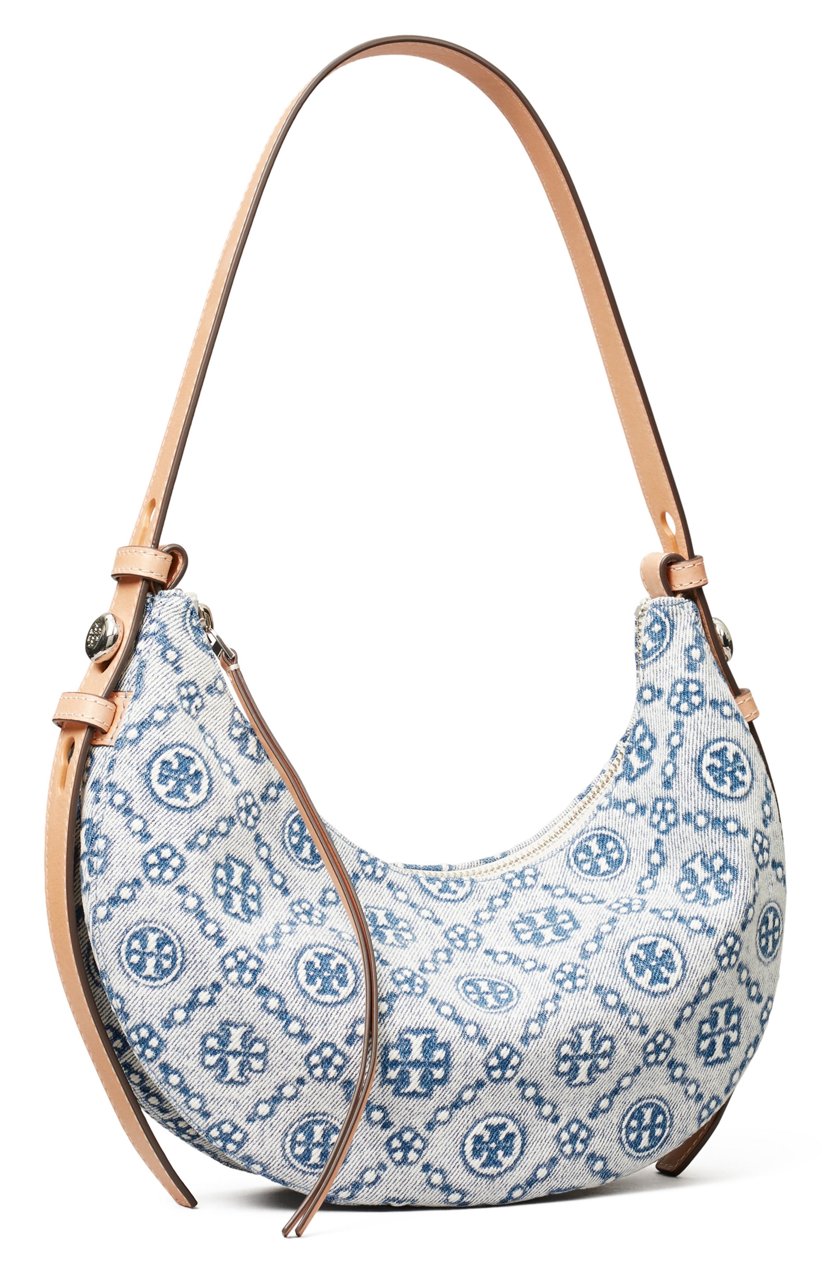 Tory Burch Romy Denim Half Moon Shoulder Bag, Alternate, color, Powder Blue