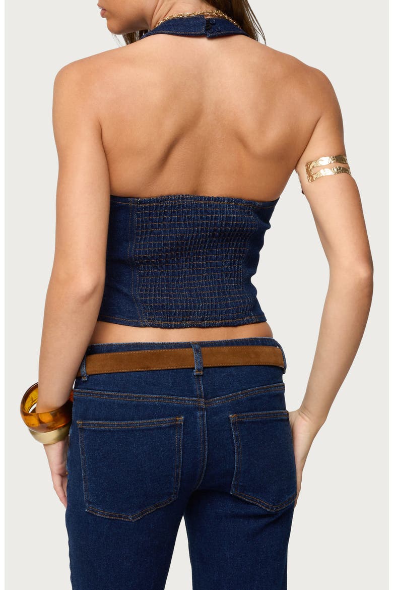 Jemma Contrast Stitch Denim Halter Top, Alternate, color, DARK-BLUE-WASHED