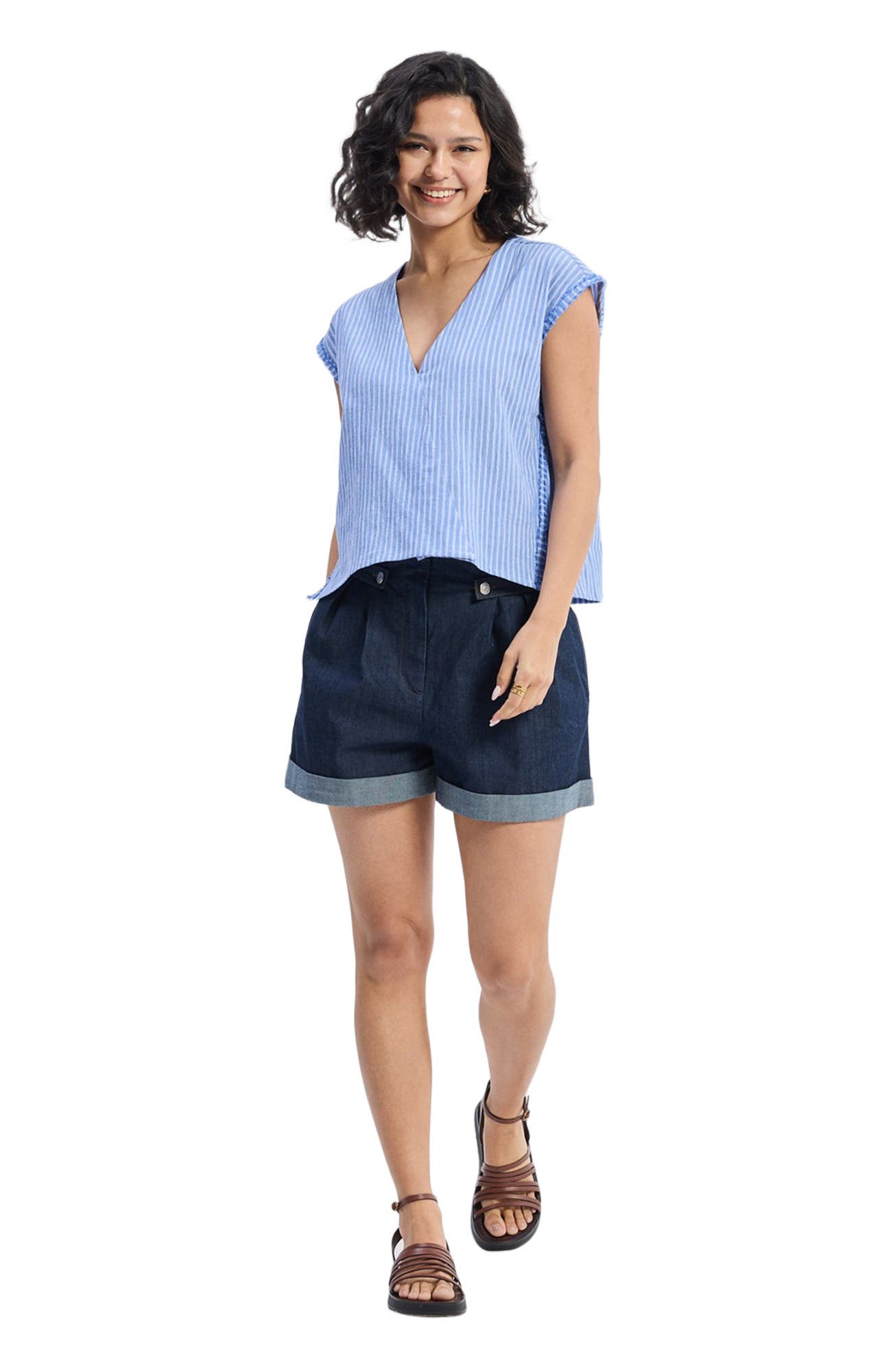 Boxy V-neck Top in Blue Stripes