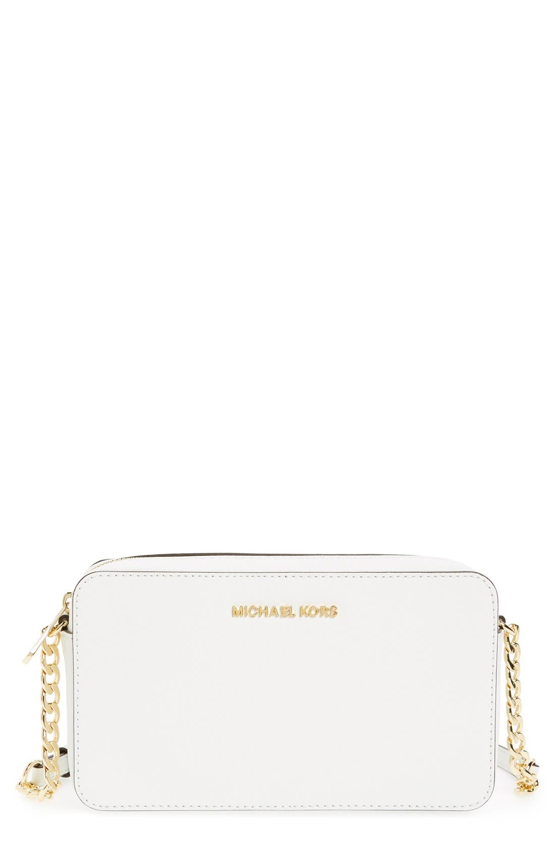 'Medium Jet Set' Saffiano Leather Crossbody Bag, Main, color, OPTIC WHITE/ GOLD