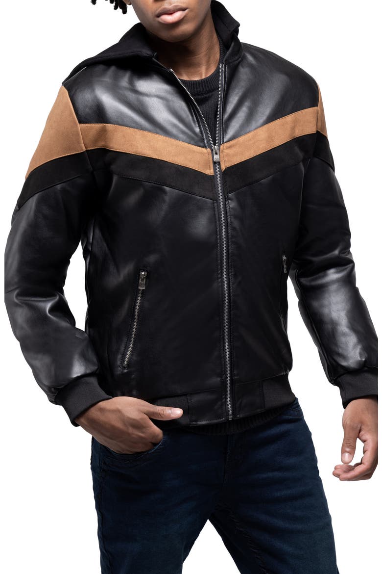 Hooded Faux Leather Jacket, Main, color, BLACK/ BROWN