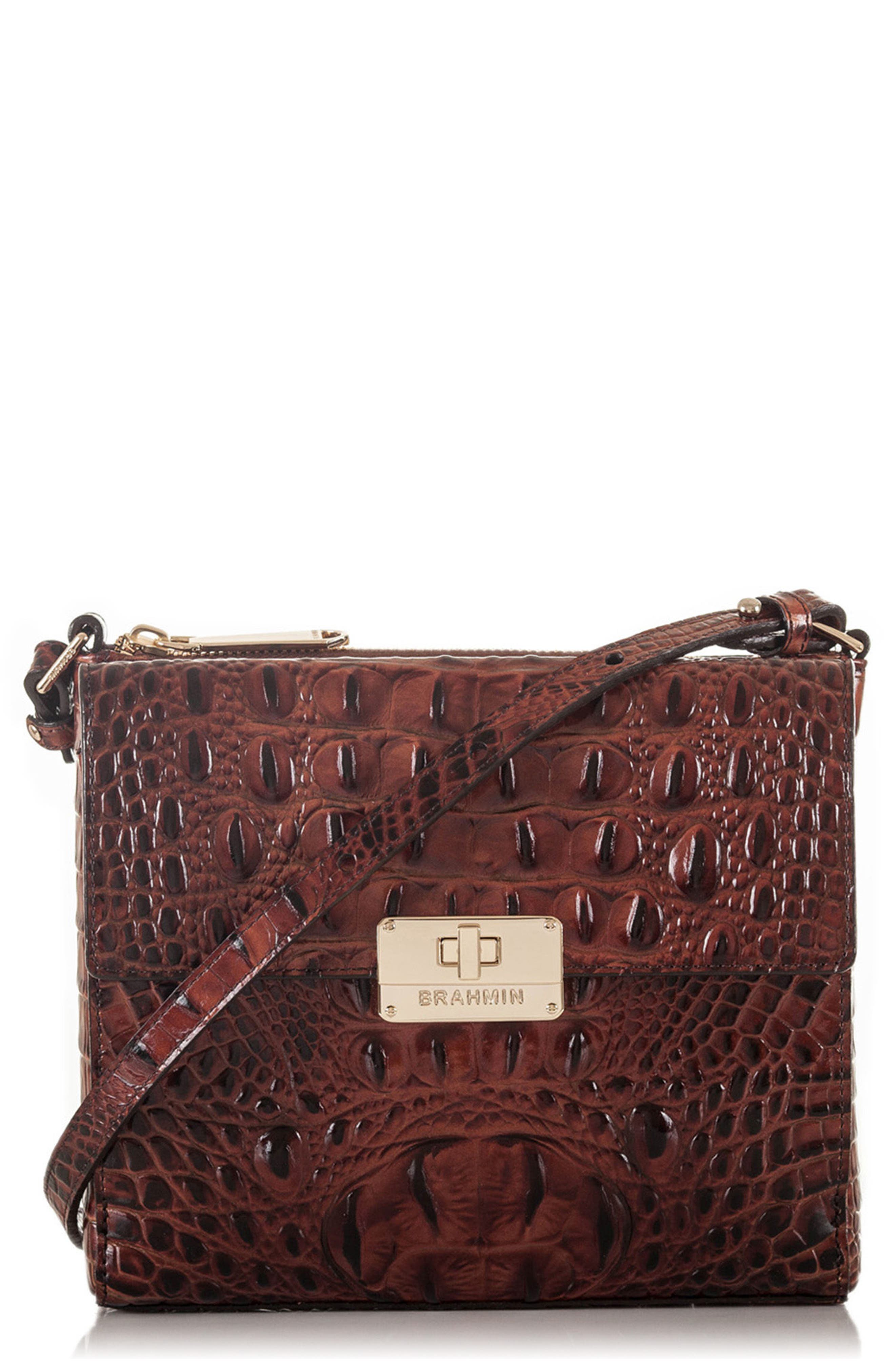 Melbourne Manhattan Croc Embossed Leather Crossbody Bag, Main, color, PECAN