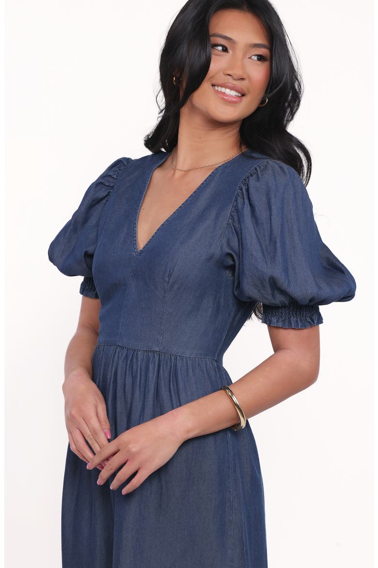 Steele Puff Sleeve Tiered Chambray Midi Dress, Alternate, color, DARK DENIM
