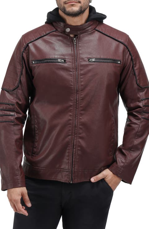 Faux Leather Hooded Moto Jacket with Faux Fur Lining