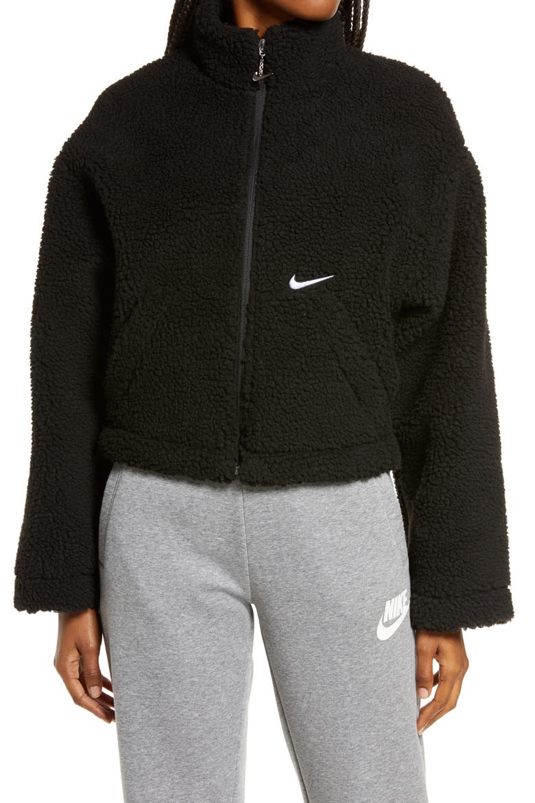 Swoosh Faux Fur Jacket, Alternate, color, BLACK/ WHITE