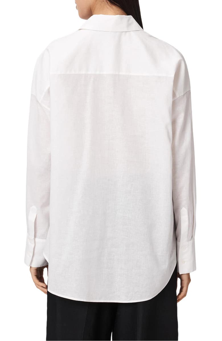 AllSaints Sparrow Embrodiered Logo Appliqué Linen & Cotton Button-Up Shirt, Alternate, color, Optic White