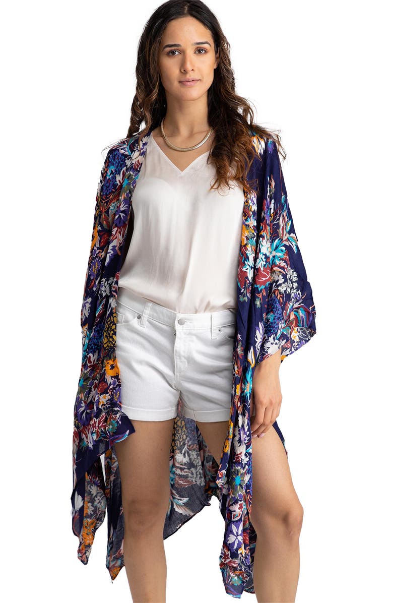 SAACHI Floral Print Knit Duster, Alternate, color, Navy