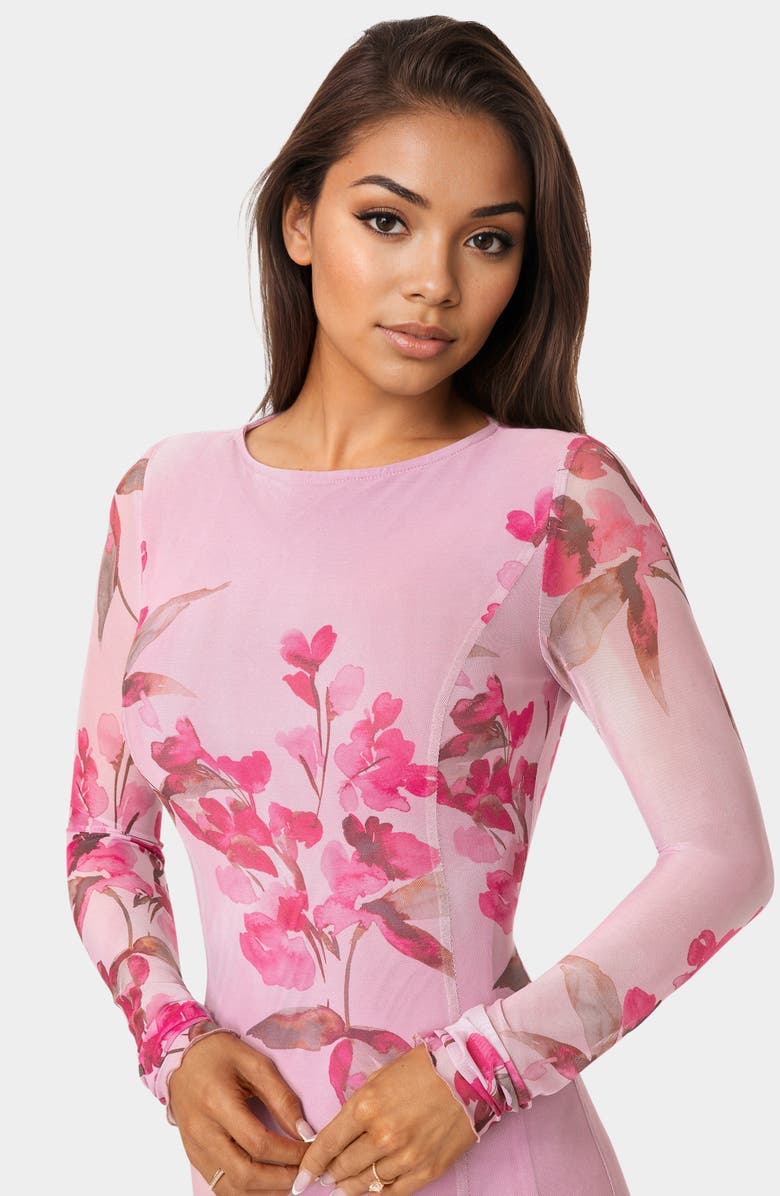 bebe Long Sleeve Powermesh Gown, Alternate, color, Pink / Multi