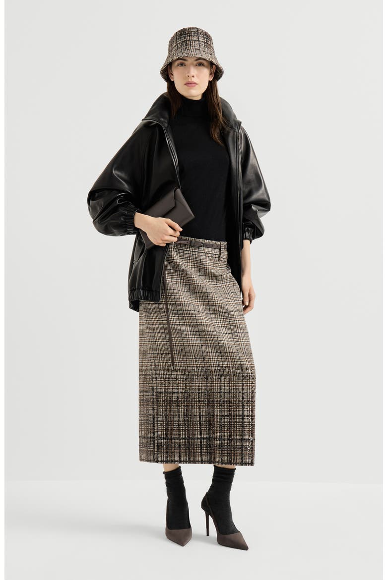 Checked alpaca and wool pencil skirt with dazzling degradé embroidery, Alternate, color, Brown
