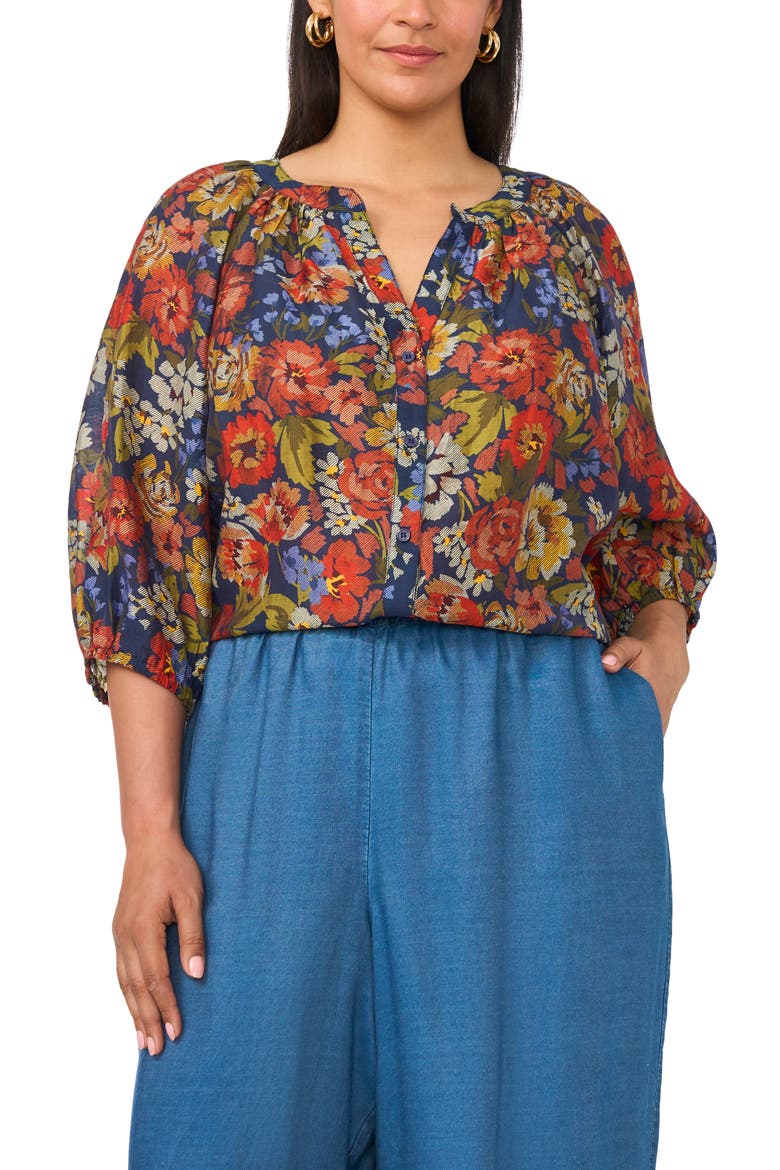 Floral Raglan Sleeve Button Down Shirt, Alternate, color, CLASSIC NAVY