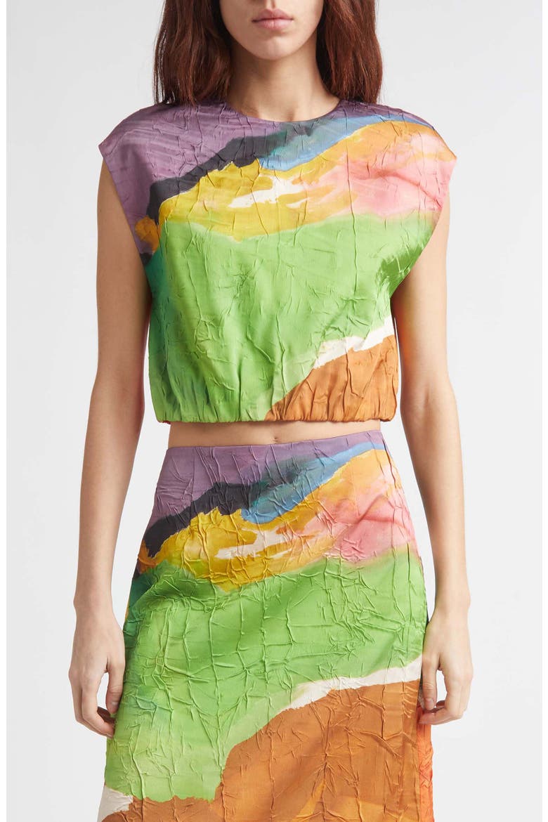 Gisella Crinkle Satin Crop Top, Main, color, NATURE ABHORS A VACUUM