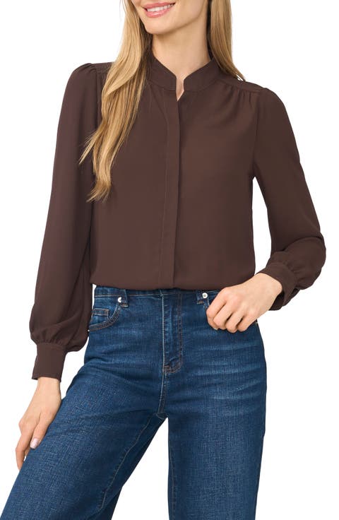 Open Collar Long Sleeve Georgette Button-Up Shirt
