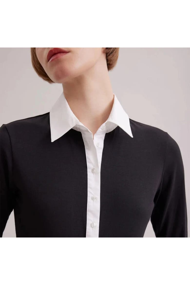 Women's Shirt  Nuage White Cotton Long Sleeve Shirt With Classic Collar And Front Buttons, Alternate, color, Black/White