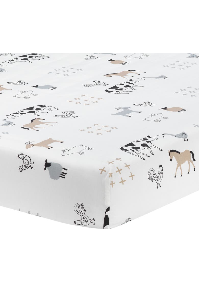 Lambs & Ivy Baby Farm Animals 100% Cotton Fitted Crib Sheet, Main, color, White
