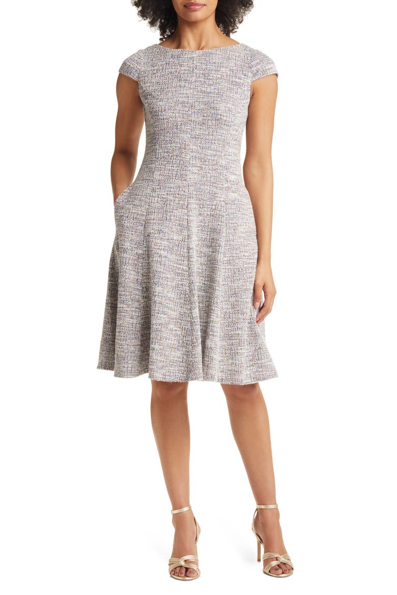 Bateau Neck Cap Sleeve Tweed Dress, Main, color, BLUE MULTI