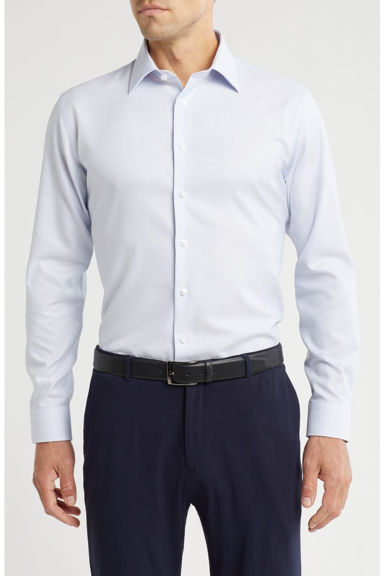 Trim Fit Premium Non-Iron Ticking Stripe Cotton Dress Shirt, Main, color, BLUE TICKING STRIPE