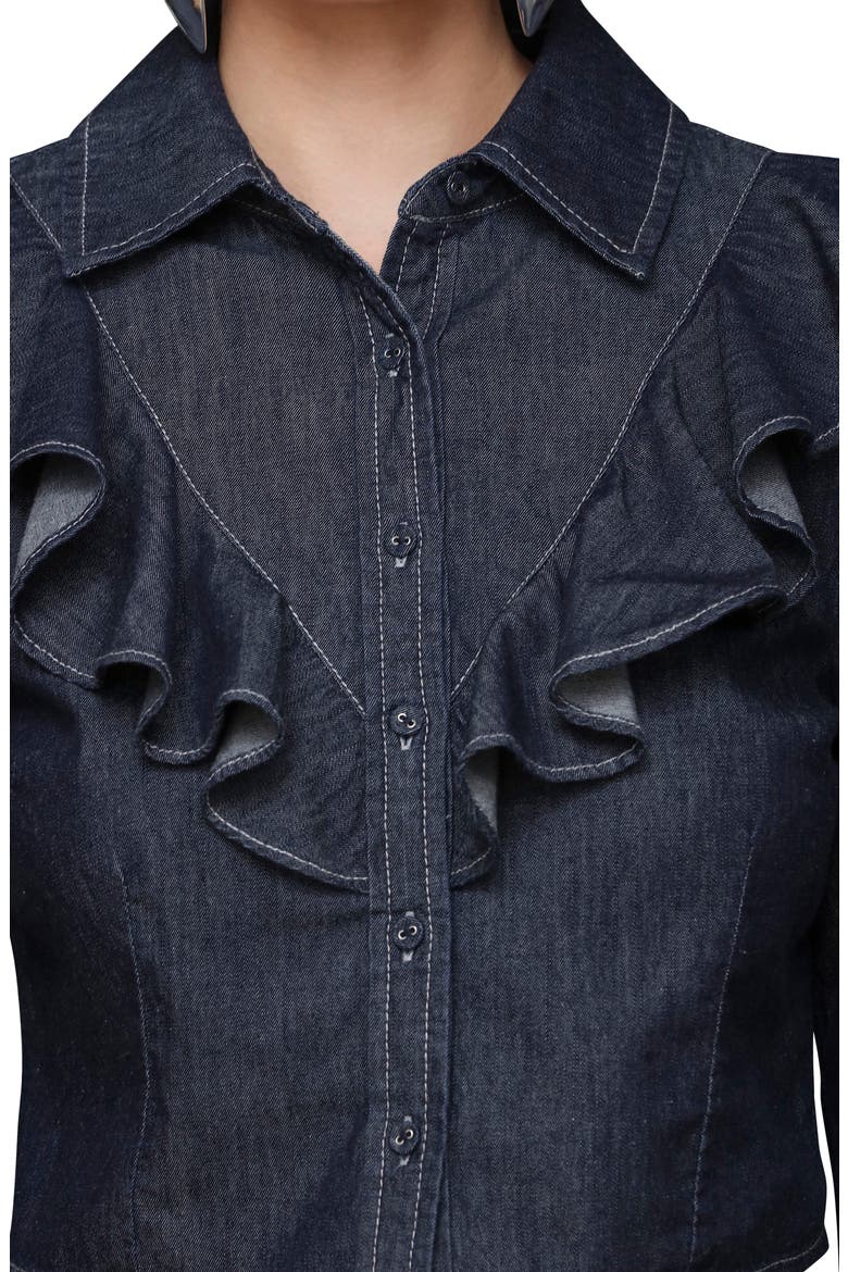 Ruffle Yoke Denim Button-Up Shirt, Alternate, color, MEDIUM BLUE WASH