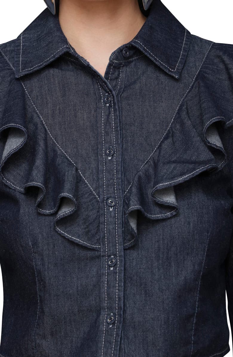 Avec Les Filles Ruffle Yoke Denim Button-Up Shirt, Alternate, color, Medium Blue Wash