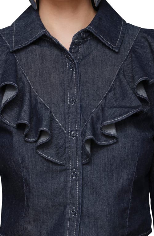 Avec Les Filles Ruffle Yoke Denim Button-up Shirt In Blue