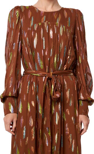 eryn metallic print tie waist long sleeve maxi dress Ciebon Eryn Metallic Print Tie Waist Long Sleeve Maxi Dress Sz XS $160 *1718