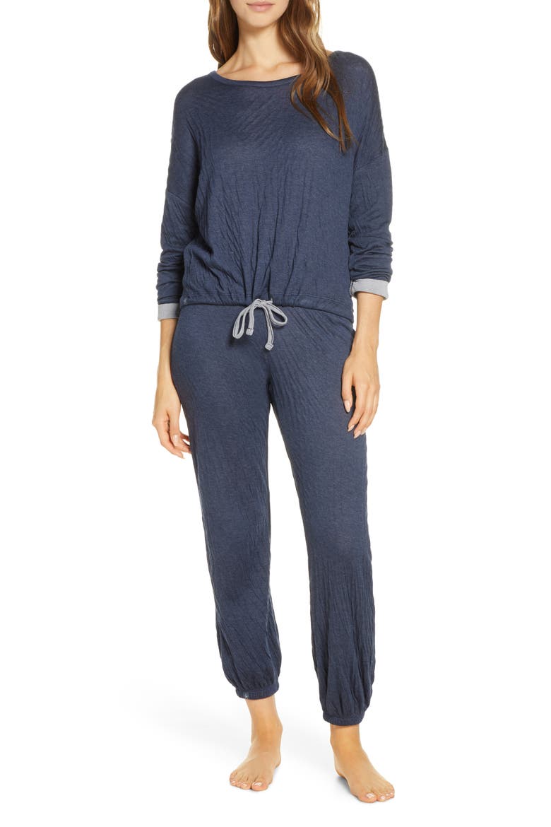 Malibu Collection Crinkle Jersey Lounge Set, Main, color, INDIGO/ GRAY