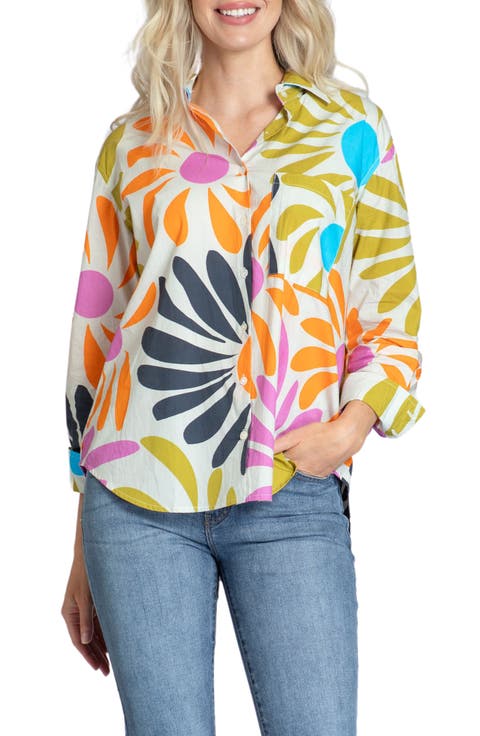 Oversize Feather Print Button-Up Shirt