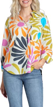 APNY Oversize Feather Print Button-Up Shirt