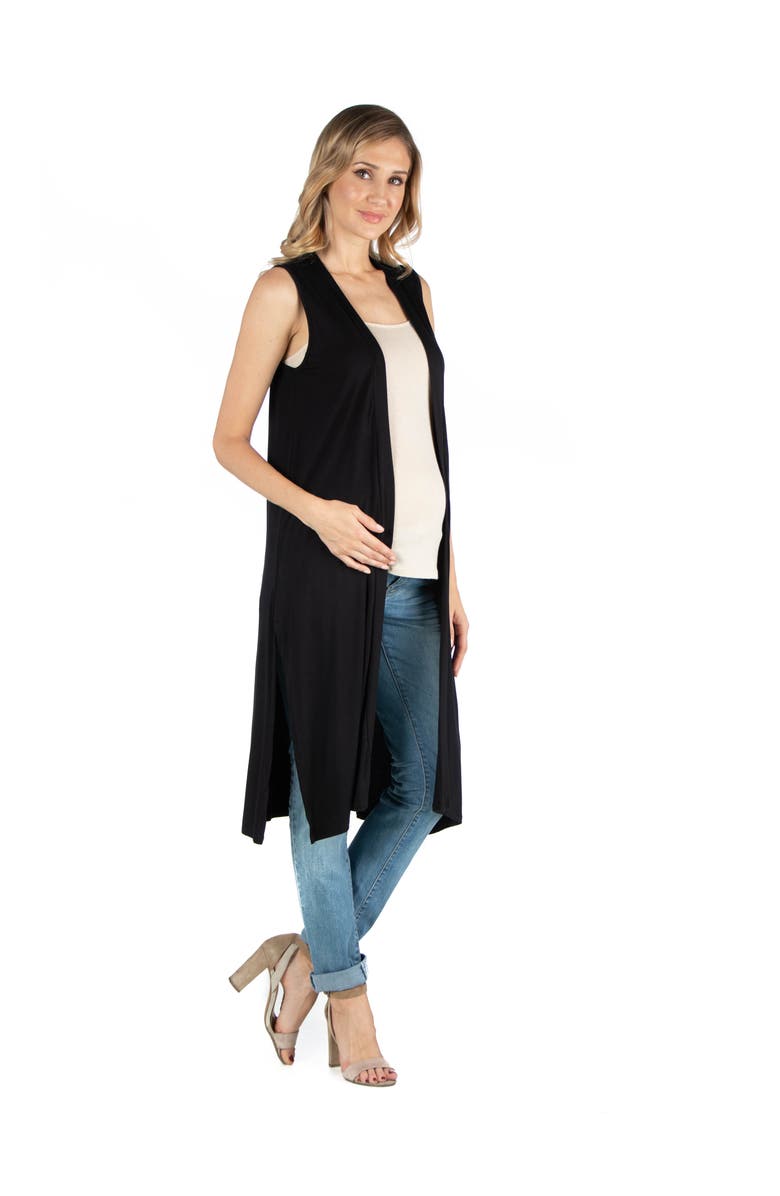 24seven Comfort Apparel Maternity Sleeveless Long Cardigan with Side Slit, Alternate, color, Black