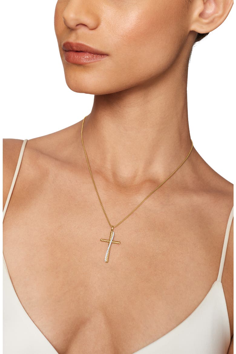 Crossover Cross Necklace in 18K Yellow Gold with Pavé Diamonds, Alternate, color, DIAMOND