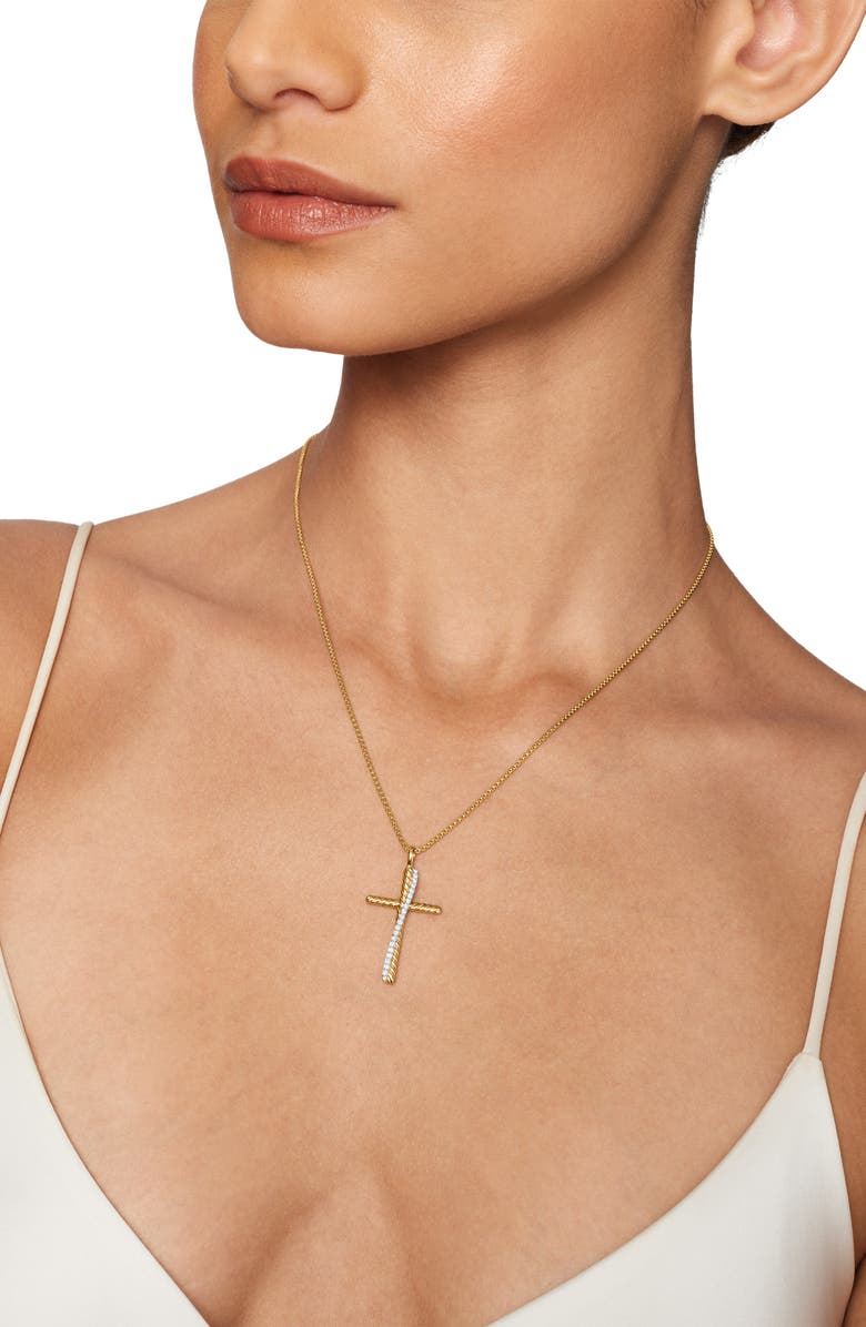 David Yurman Crossover Cross Necklace in 18K Yellow Gold with Pavé Diamonds, Alternate, color, 