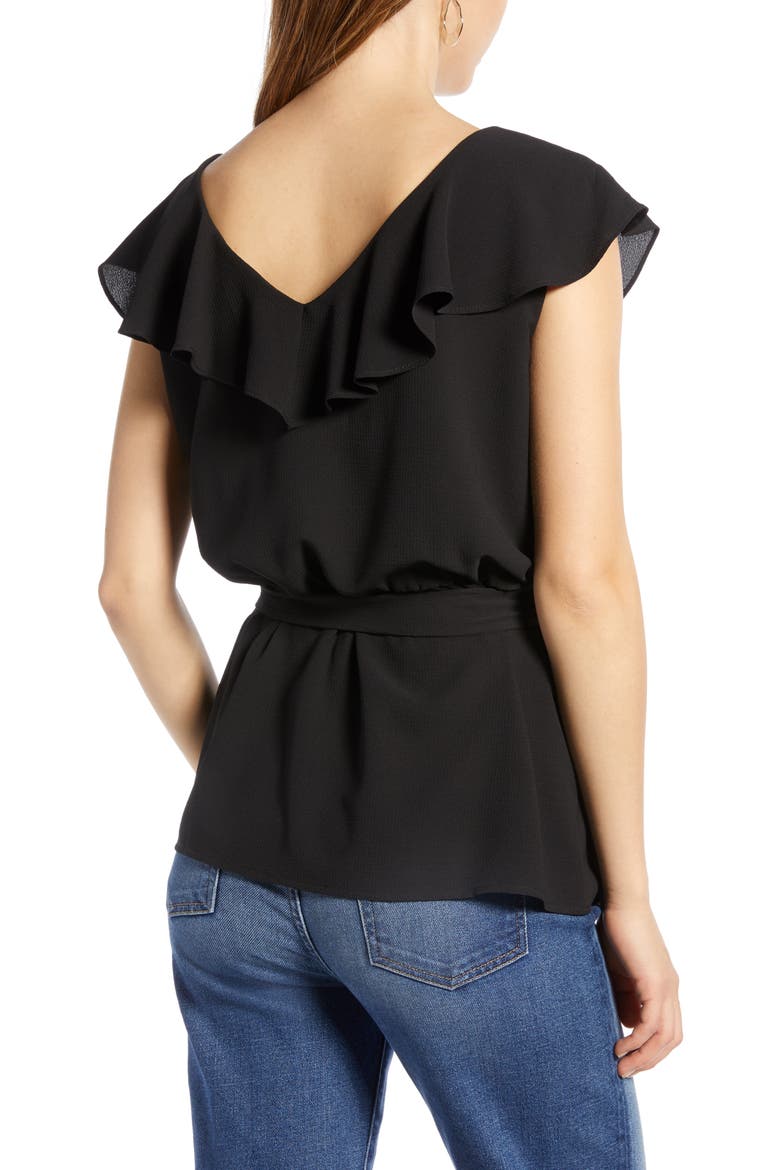 Ruffled Tie Waist Top, Alternate, color, BLACK