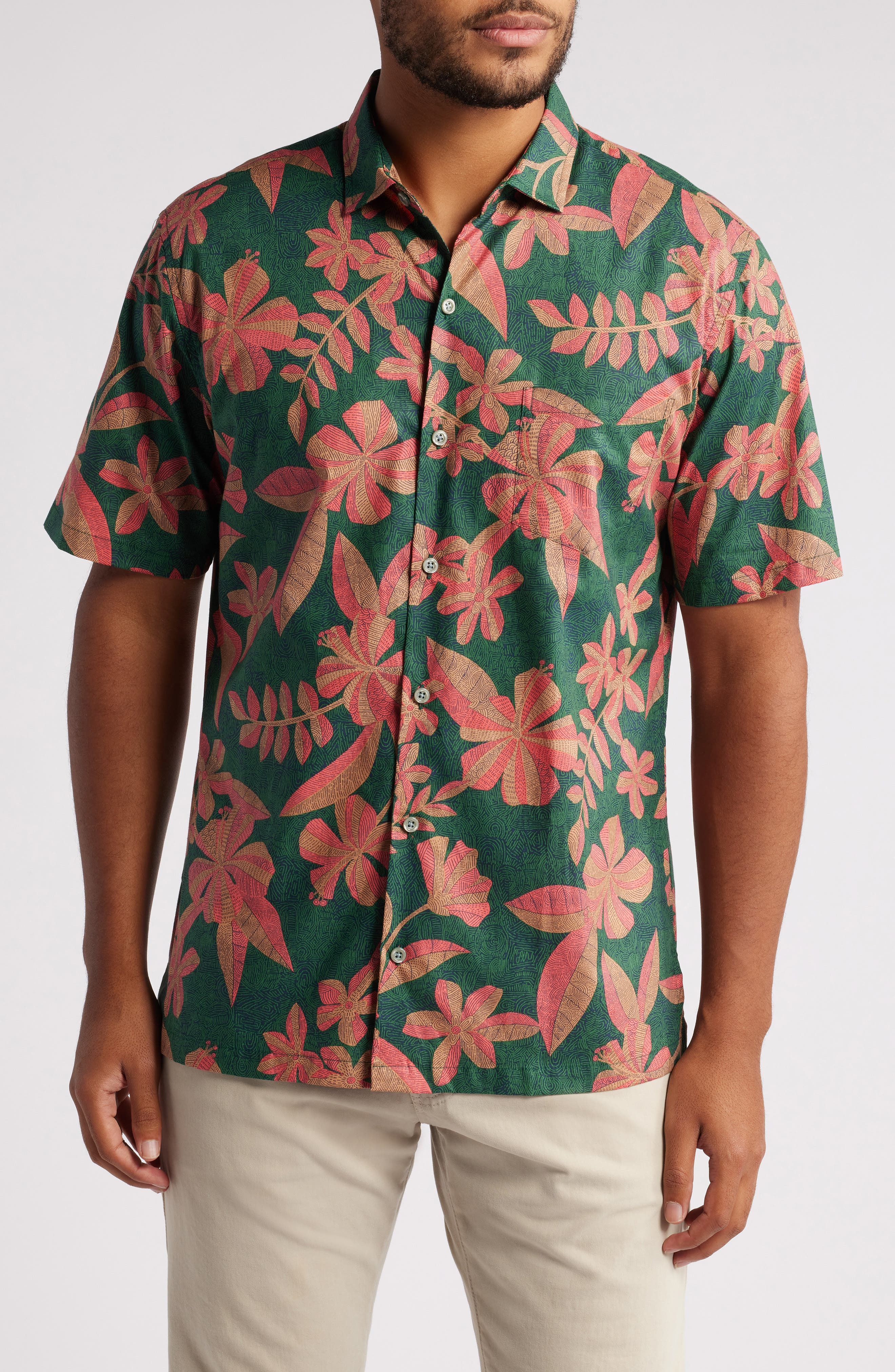 Tori Richard Wanderer Floral Short Sleeve Button-Up Shirt in Spruce 
