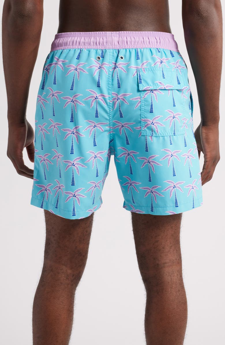 Tom & Teddy Palm Tree Print Swim Trunks, Alternate, color, Aqua Violet