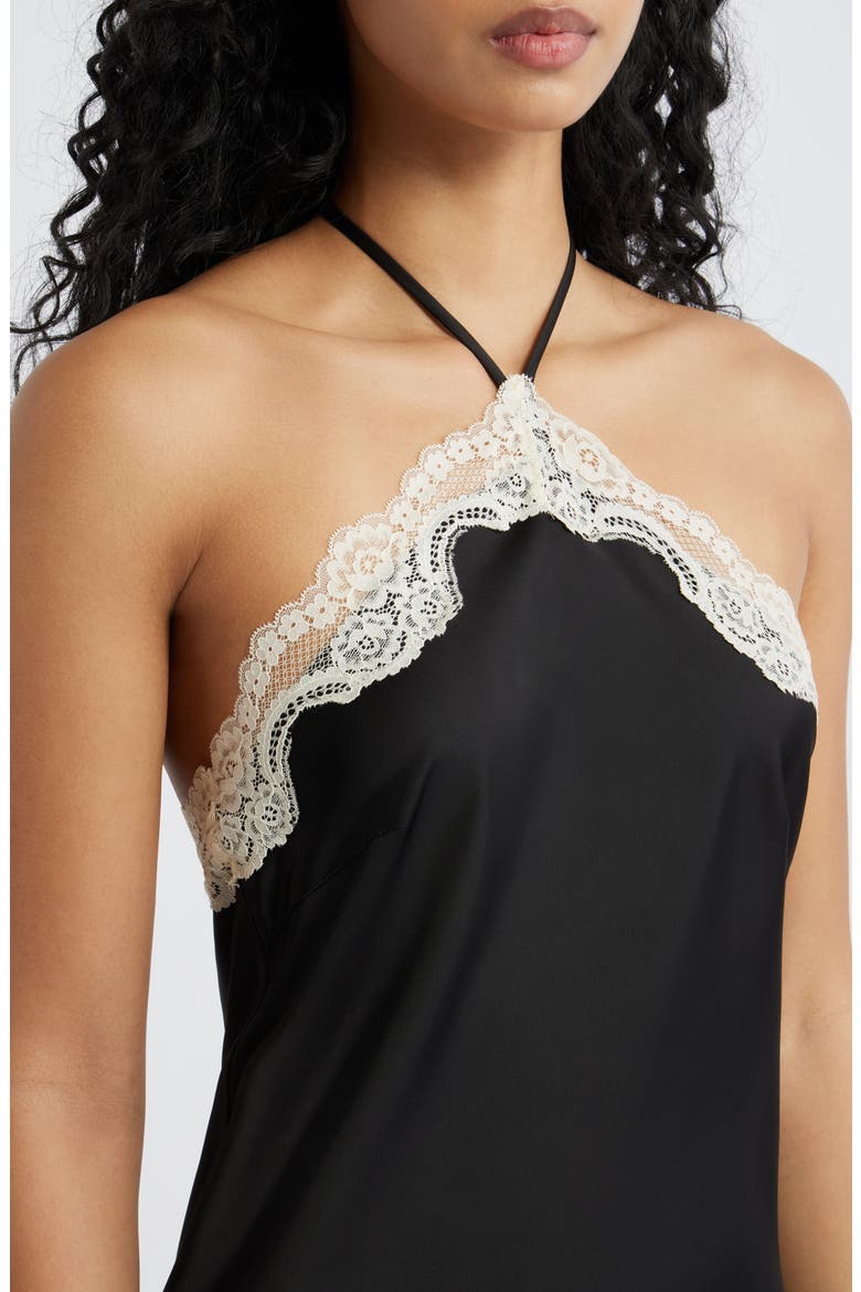 Celia Lace Trim Halter Satin Dress, Alternate, color, BLACK
