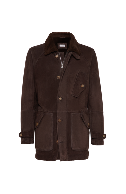 Brunello Cucinelli Men Tone-on-tone Suede Shearling Coat In Brown