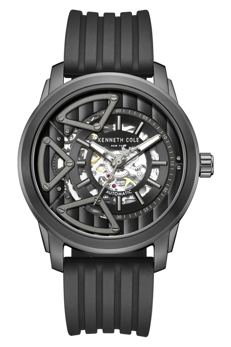 Skeleton Black Automatic Silicone Strap Watch, 44mm, Main, color, BLACK