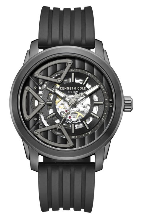 Skeleton Black Automatic Silicone Strap Watch, 44mm