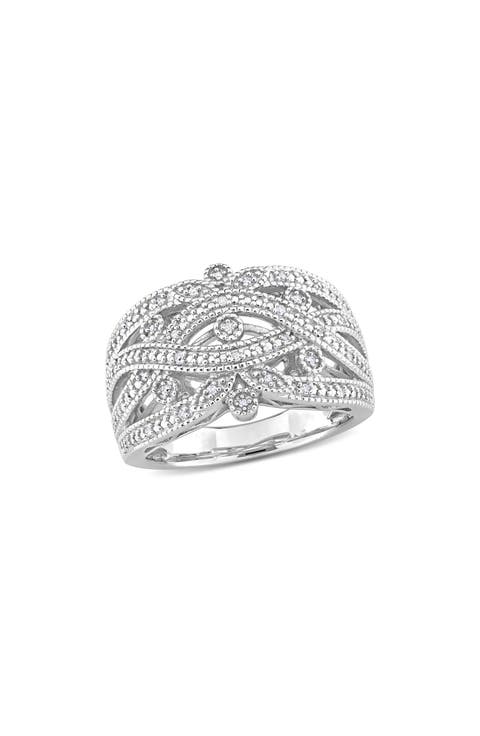 Sterling Silver Braided Diamond Band Ring -0.078 ctw