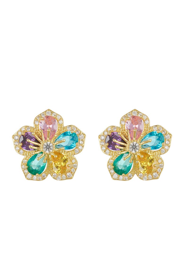 Flower Dazzle Gold Toned Multi-Colored CZ Crystal Stud Earrings, Main, color, MULTI COLOR