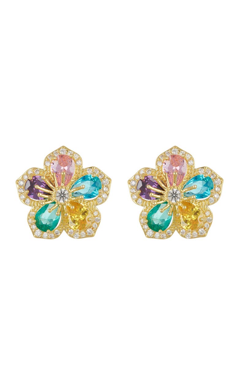 EYE CANDY LOS ANGELES Flower Dazzle Gold Toned Multi-Colored CZ Crystal Stud Earrings, Main, color, 